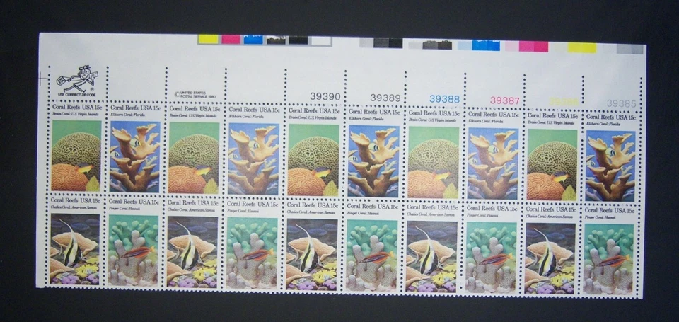 Scott # 1827- 1830, US strip of 20, 15 cent, Plate/ Zip Block, Coral - Image 1 of 1