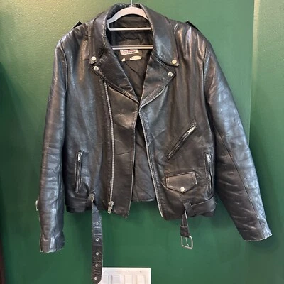 Vintage Black Leather Biker Bomber Jacket Men’s 44 Baja California Distressed - Image 1 of 4