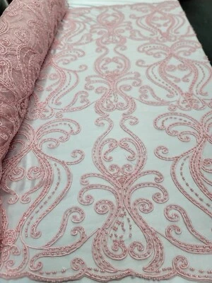 Blush Pink Lace Beaded Lace Fabric By The Yard Geometric Quinceañera Dress Prom - Image 1 of 4