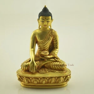 Gold Gilded with Face Painted 5.75" Shakyamuni Buddha Copper Statue Patan, Nepal - Imagen 1 de 4