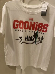 The Goonies T Shirt Adult Medium Never Say Die Graphic White Red Black .NWT - Picture 1 of 3