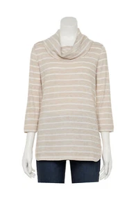 NEW - Womens Size XL Tan & White Striped 3/4 Sleeve Cowl Neck Light Sweater - Picture 1 of 12