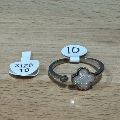 Sterling Silver Four Leaf Clover White Lab Opal Size 10 Ring - Image 1 of 4