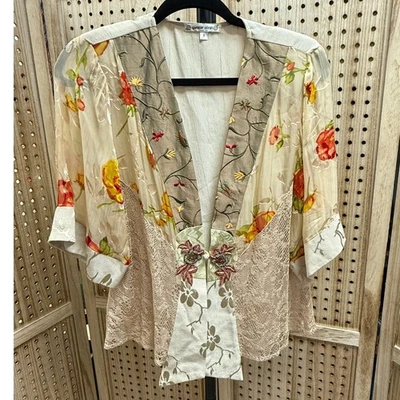 Spencer Alexis Floral Embroidered Lace Trimmed Button Up Kimono Jacket - Image 1 of 4