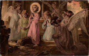Antique Christmas Postcard Angels Child Nativity Scene Early 1900s Religious - Picture 1 of 2