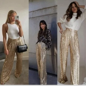 Zara Gold Sequin Wide Leg Trousers Size Extra Small XS 2124 102 - Picture 1 of 7