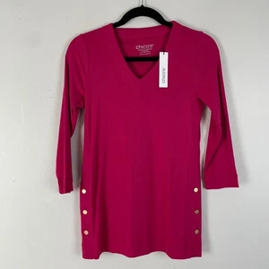 Neu mit Etikett Chicos Tunika Oberteil rosa Blüten 100 % Pima-Baumwolle V-Ausschnitt 3/4-Ärmel geknöpft XS - Bild 1 von 8