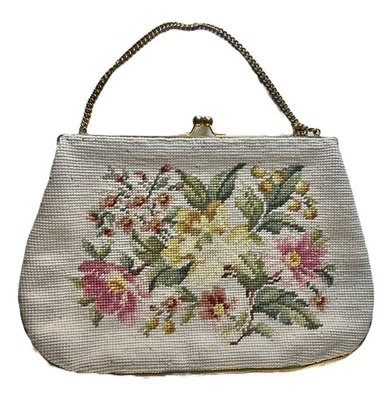Vintage Needlepoint Floral Handbag Chain Handle Satin Lining - Image 1 of 4
