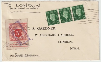 1940 DORKING NORTH BOXED CANCEL ON SOUTHERN RAILWAY 3d STAMP & MACHINE ON COVER - Image 1 of 3