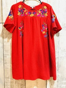 See And Be Seen rotes Damen Boho Chic Blumen bestickt Kurzarm Kleid Med - Bild 1 von 3