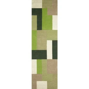 Lexus Green Rugs Geometric Block Design Wool Pile Indian 60x230cm Hallway Runner - Picture 1 of 3