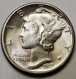 Moneda de diez centavos de plata Mercury 1937-D de Estados Unidos - 10c - FSB CHBU  - Imagen 1 de 12