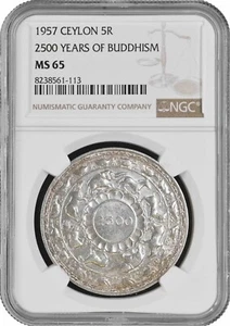 Ceylon 5 rupees 1957, NGC MS65, "2500th Anniversary - Buddhism" silver coin - Picture 1 of 2