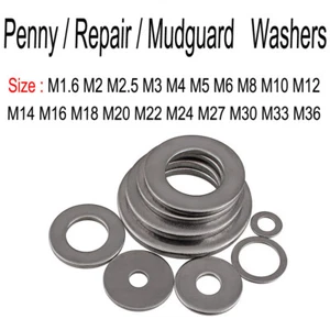 Penny Repair Washers Mudguard Washer A2 Stainless Steel M1.6 M2 M3 M4 M5 M6-M36 - Picture 1 of 6