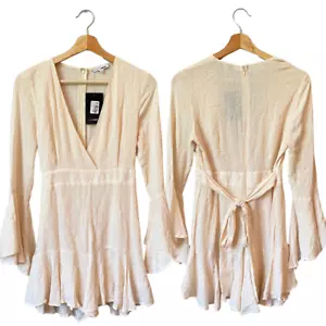 NWT Fashion Nova Womens Medium Bell Sleeves Faux Wrap Romper Shorts Ivory Silver - Picture 1 of 19