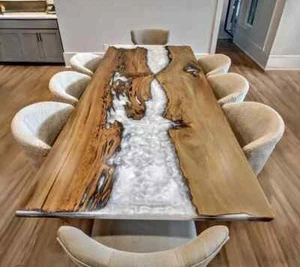 Mesa de comedor central de resina epoxi blanca hecha a mano madera borde vivo decoración de cafetería - Imagen 1 de 9