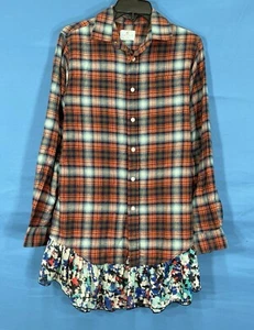 CLASS/CLUB Orange/Blue PLAID FLANNEL Elbow Patches RUFFLE Button TUNIC TOP 14/16 - Picture 1 of 5