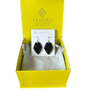 Kendra Scott Corley Gunmetal Banded Black Agate Dangle Earrings, Pouch & Box - Picture 1 of 5