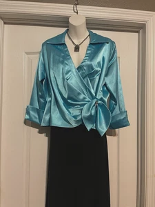 WOMENS BLUE SATIN WRAP  3/4 BLOUSE SIZE 14P - Picture 1 of 5