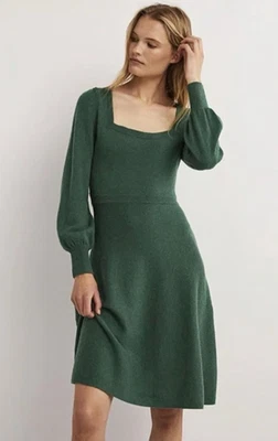 Boden Square Neck Knitted Midi Dress Size US 6L UK 10L Balloon Sleeves Green New - Image 1 of 4