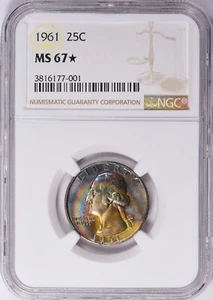 1961 P Washington Quarter NGC MS67* Star Rainbow Toned Monster Toning Rare Coin - Picture 1 of 12