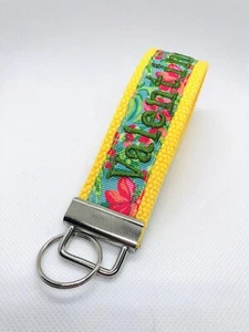 Monogram Key Fob/ Wristlet/ Yellow/ Ribbon/ Flowers/ Pink - Picture 1 of 9