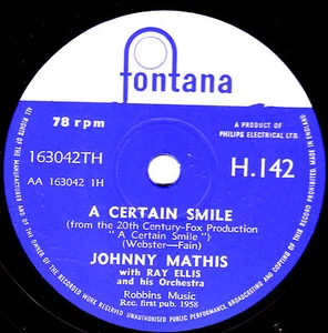 1958 UK#4 JOHNNY MATHIS 78 A CERTAIN SMILE / LET IT RAIN UK FONTANA H 142 E/E - Picture 1 of 1