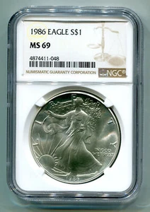 1986 American Silver Eagle NGC MS69 etiqueta marrón calidad premium bonita moneda precio base - Imagen 1 de 2