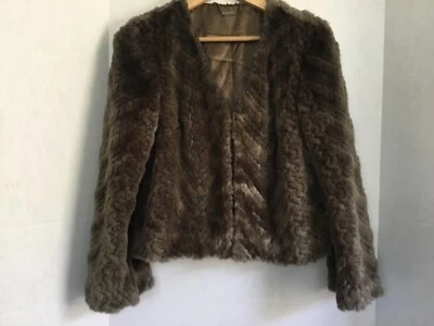 Trina Turk Faux Fur Jacket L Olive Green Bell Sleeve Lined V Neck Plush 42” Ch - Image 1 of 3