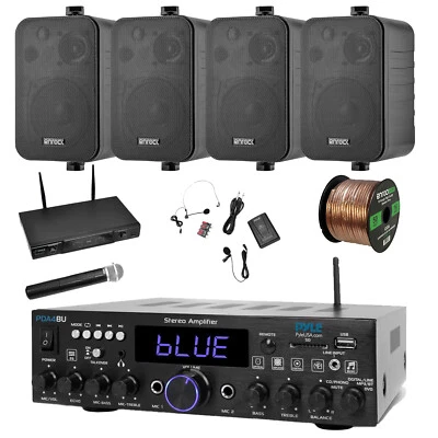 Pyle Bluetooth Home Stereo Receiver, Wireless Mic Set, 4x 4'' 30W Speakers, Wire - Image 1 of 4