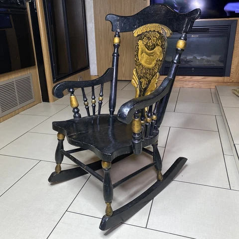 Antique Child's Rocking Chair Black with Gold Stencil 19th Century? Cover