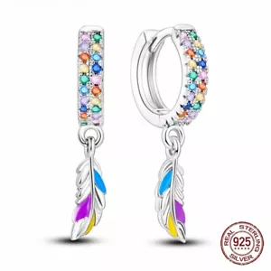 Silver 925 Hoop Earrings Multicoloured Zirconia Dangle Feather - Picture 1 of 5