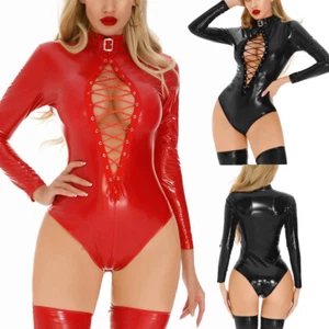 Women's Sexy Latex Bodysuit PU Leather Nightclub Catsuit Hollow Out Jumpsuit 3XL - Picture 1 of 31