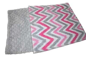 WOW! Set of 2 CIRCO Pink Gray ZIGZAG Chevron Minky Dot Velour Plush Crib Blanket - Picture 1 of 8