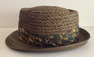 Vintage Brown Green Thread Straw Fedora Hat Fleur-de-lis Silk Band Size 7 1/8 - Picture 1 of 9
