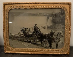 Antique Niagara Falls FULL PLATE Ambrotype Couple w/Horse & Carriage w/Damage - Picture 1 of 14