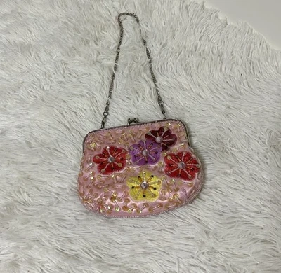 Bijoux Terner Satin Clutch Beaded Sequin Embroidered Evening Handbag Pink - Image 1 of 4
