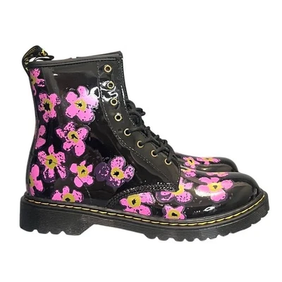 Dr. Martens Floral Leather Combat Boots Y7/W9 Black Pink Utility Grunge  - Image 1 of 4