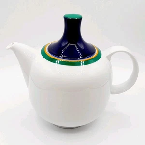 Plus Plural Rosenthal Studio Linie Cobalt Lid Teapot with green & orange bands - Picture 1 of 10
