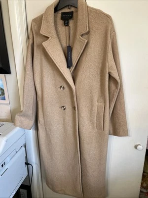 Abrigo largo Tahari para mujer color tostado camel Dbl Brstd lana azul plumero talla mediana nuevo con etiquetas Foto 1 de 4