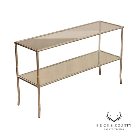 Hollywood Regency Faux Bamboo Chromed Glass Console Table Cover