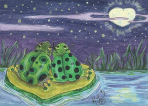 Marienkäfer Frosch Herz Mond ACEO Lilienpad Mini Loberg Original Fantasy Kunst Insekt - Bild 1 von 3