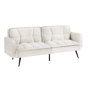 Oikiture 3-Seater Sofa Bed Convertible Boucle Sherpa Lounge Couch White - Picture 1 of 9