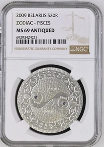 2009 Belarus Zodiac Signs Pisces 1 oz Silver Coin - NGC MS69 Swarovski - F59 - Picture 1 of 2