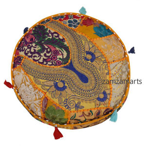 Indian Handmade 16x16" Round Pillow Case Vintage Yellow Patchwork Cushion Covers