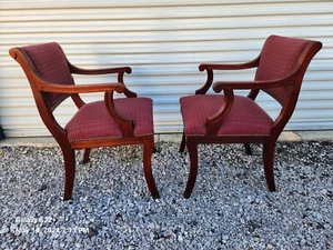St. Timothy Chair Burgundy Fabric Library Office Arm Chairs, Pair, Maple, Nice - Picture 1 of 24