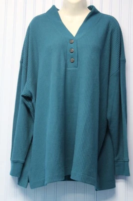 Lands' End verde azulado elástico tejido gofre cuello en V manga larga jersey top 3X Foto 1 de 3