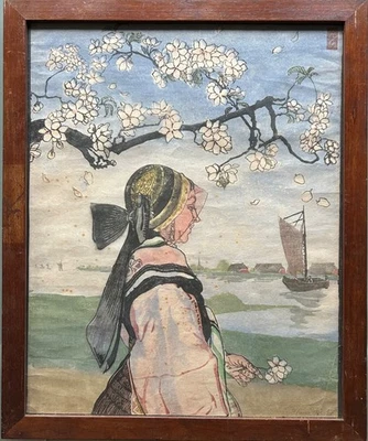 Jugendstil Farbholzschnitt Hans Förster Frau mit Tracht im Alten Land Hamburg - Bild 1 von 4