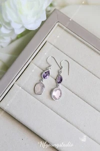 925 Silver Amethyst and Rose Quartz Earrings - Picture 1 of 5
