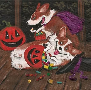 4x4 DRUCK DES GEMÄLDES HALLOWEEN PEMBROKE WELSH CORGI RYTA PUMPKIN VOLKSKUNST JOL - Bild 1 von 1